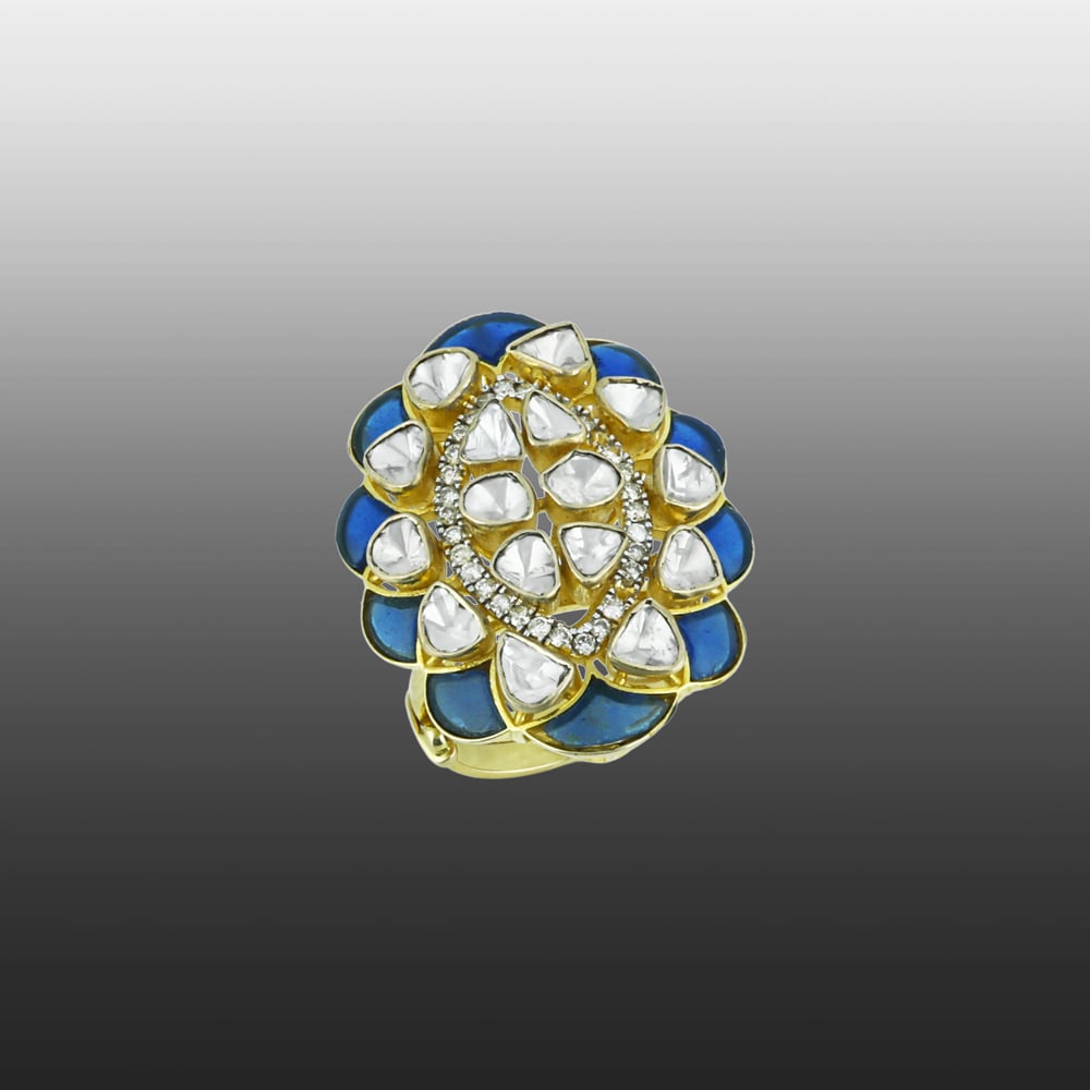 Floral Polki Ring with Blue Talaf and Diamonds